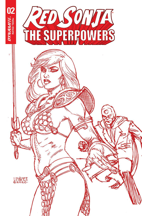 Red Sonja The Superpowers #2 Linsner Crimson Red Art Cvr (W) Dan Abnett (A) Jonathan Lau (Ca) Joseph Michael Linsner - xLs Comics