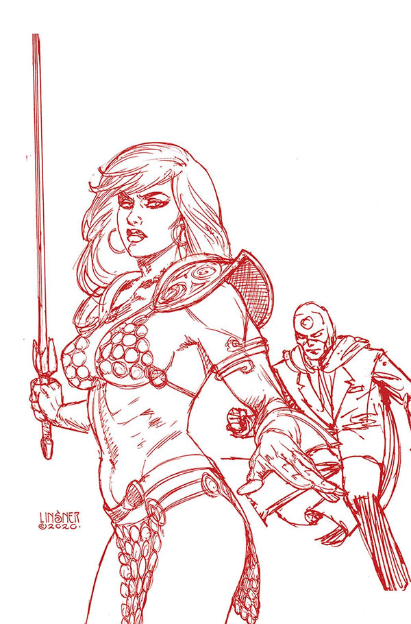 Red Sonja The Superpowers #2 Linsner Crimson Red Art Virgin (W) Dan Abnett (A) Jonathan Lau (Ca) Joseph Michael Linsner - xLs Comics